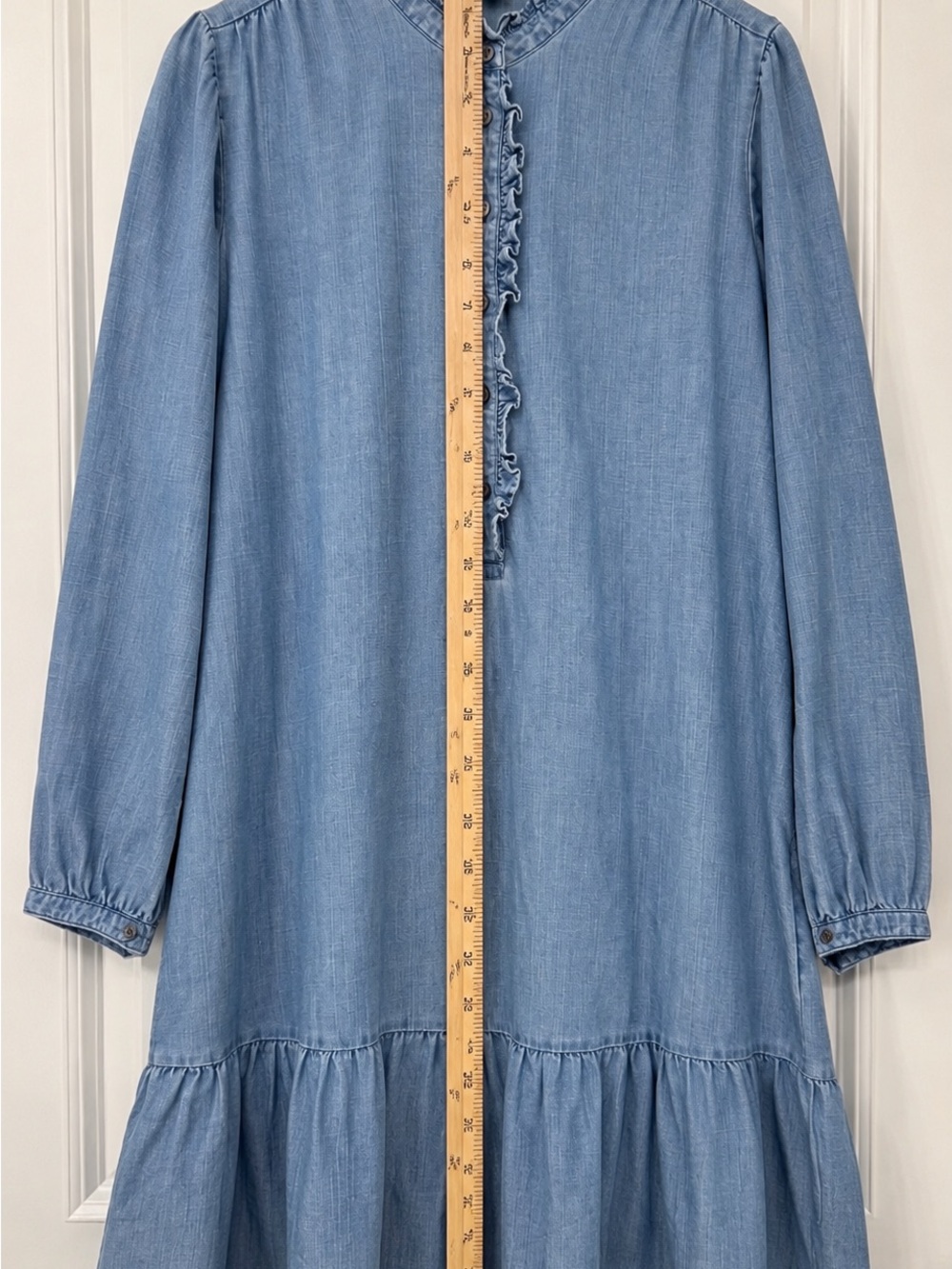 Light Wash Denim Tunic Dress with Ruffle Placket - Picture 6 of 6